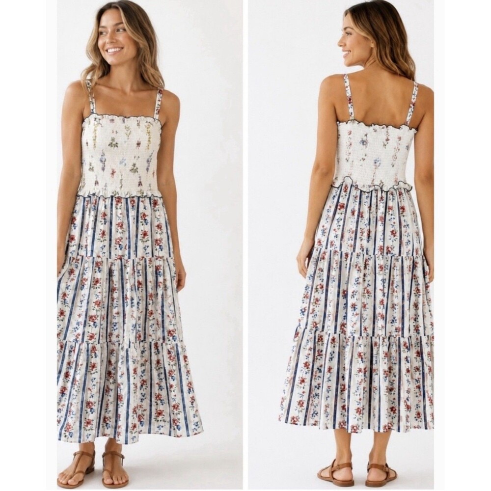 WHITE CLOSET ELEMENTS Women's Maxi Dress SMALL Tiered 2 Print Floral Smocked